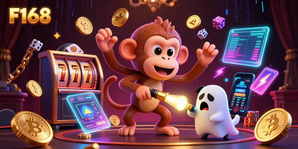 Engage in thrilling casino action with F168 as a mischievous poltergeist monkey juggles gold while a curious puppy tracks it.