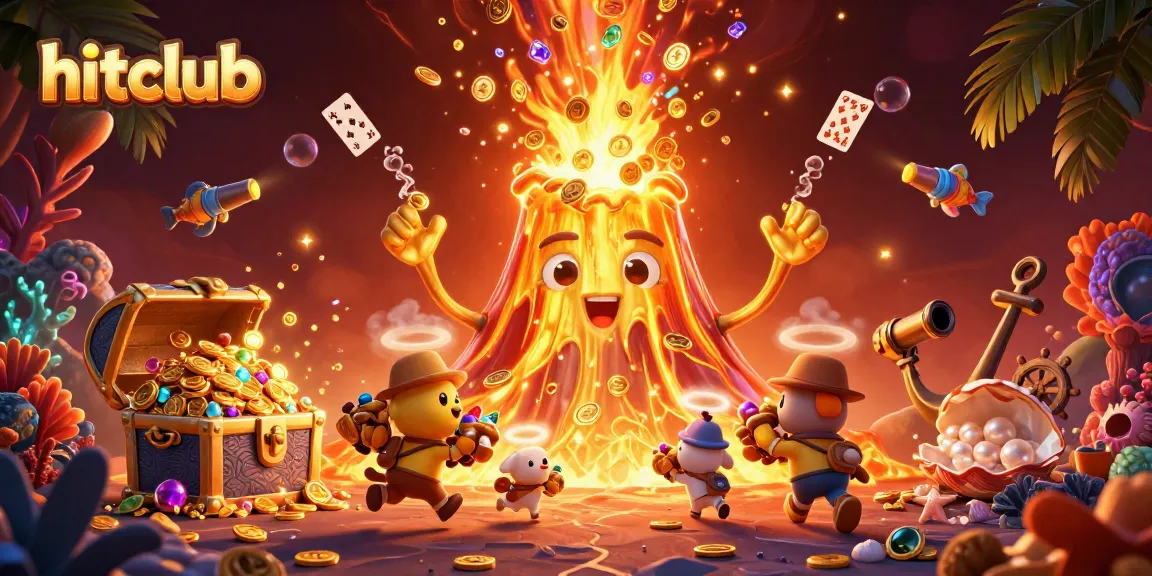 Hitclub players collect treasure from a golden volcano while participating in exciting games.
