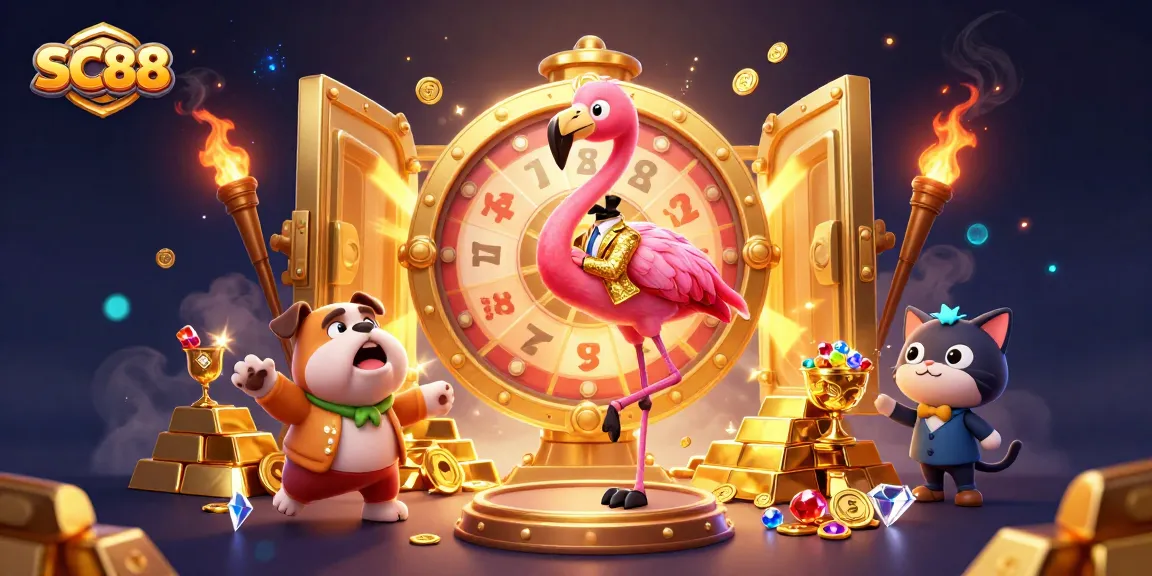 Spin the giant prize wheel at SC88 and win exciting treasures in this vibrant casino scene.