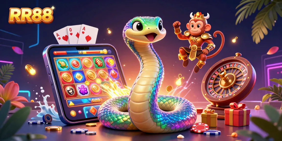 RR88 promotes vibrant casino excitement with a playful illustration of games and rewards.