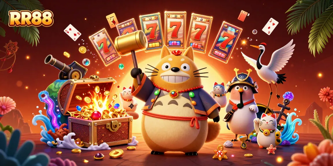 Spin the reels at RR88 with lucky tanuki and fortune cats in a vibrant casino setting.