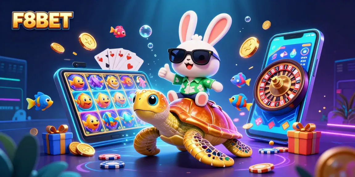 Experience the excitement of F8BET with a lucky rabbit and golden sea turtle amid vibrant casino elements.