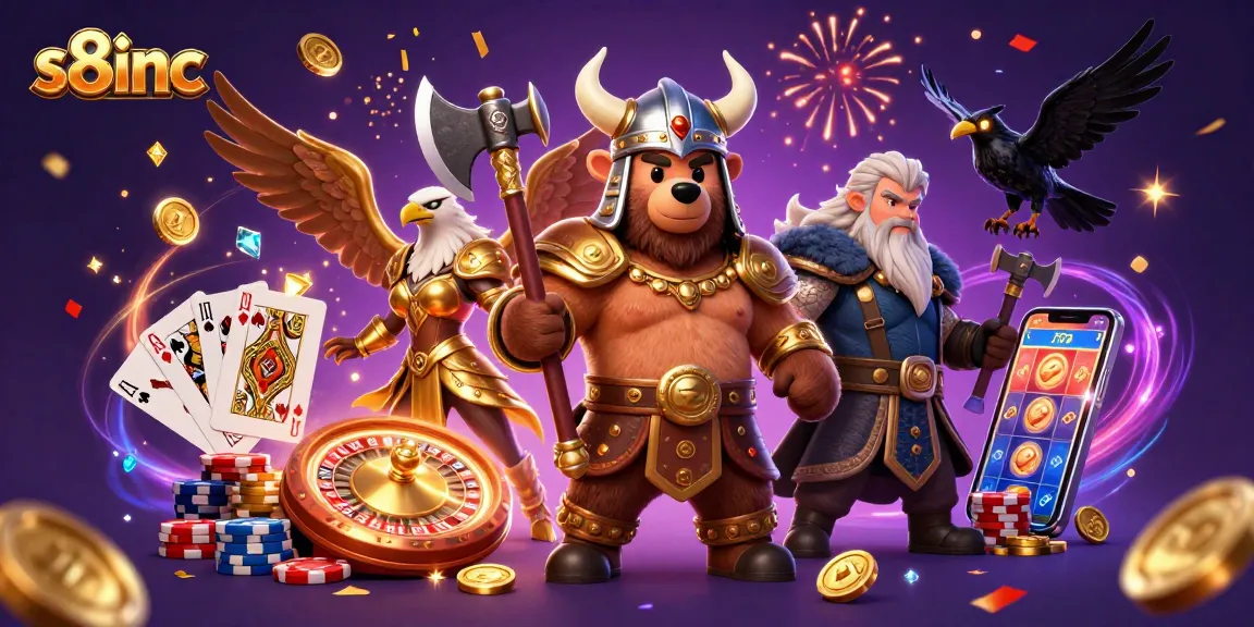 Engage with thrilling gameplay at s8inc featuring a Viking bear, Valkyrie eagle, and casino elements.