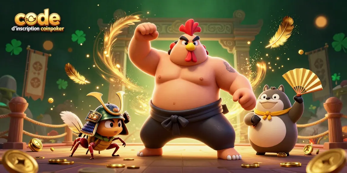 Code d'inscription CoinPoker : illustration dynamique montrant un lutteur sumo et un criquet samouraï dans un décor de combat.