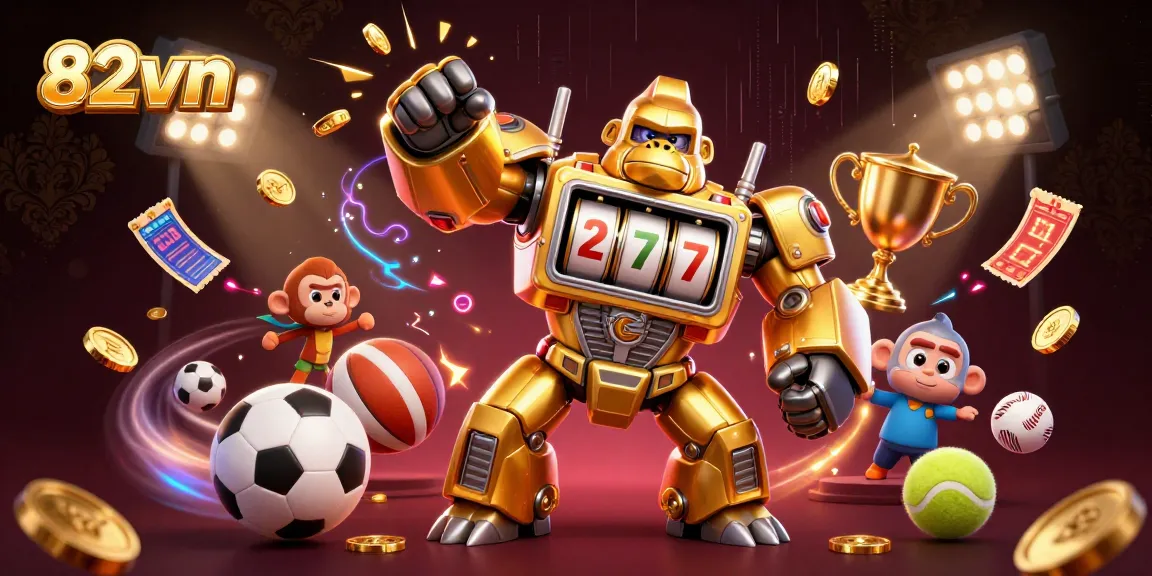 Win big at 82vn with dynamic casino-themed illustration featuring a golden gorilla mech and sports elements.