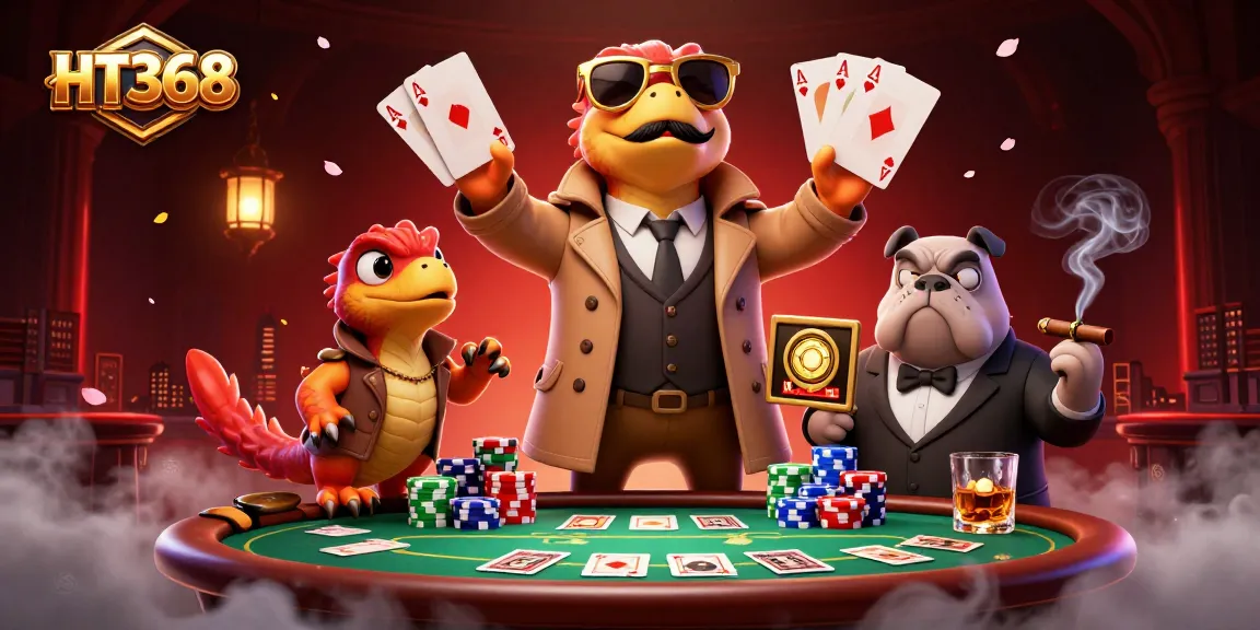 HT368 raptors comically trying to enter a casino with poker chips and cards, creating excitement.