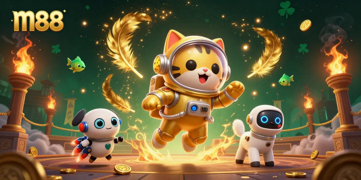 Engage in thrilling m88 betting experiences with a vibrant scene featuring an astronaut cat, robot dog, and alien fish.