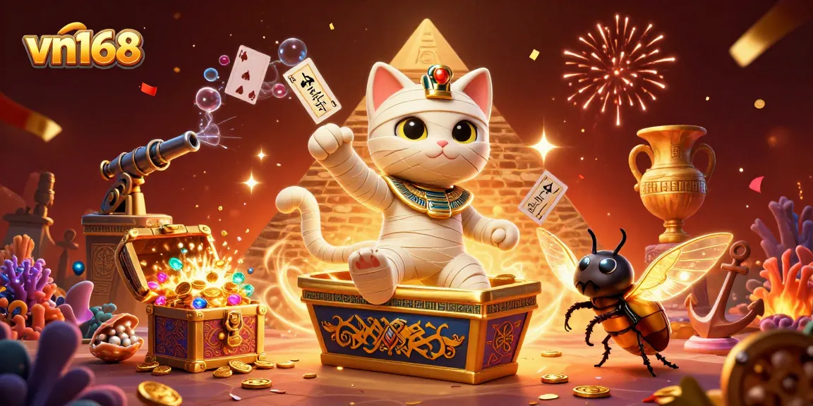Experience vn168 with an energetic 3D casino scene featuring a mummy cat, treasures, and festive elements.