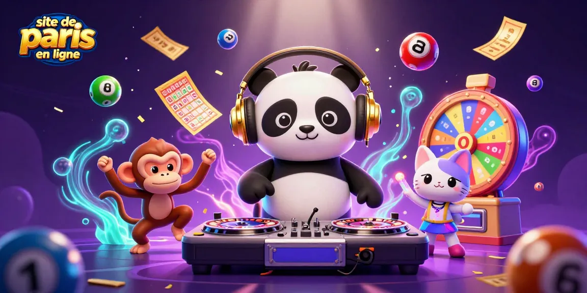 Pariez rapidement avec le site de paris sportif en ligne, illustré par un panda DJ et un singe danseur.