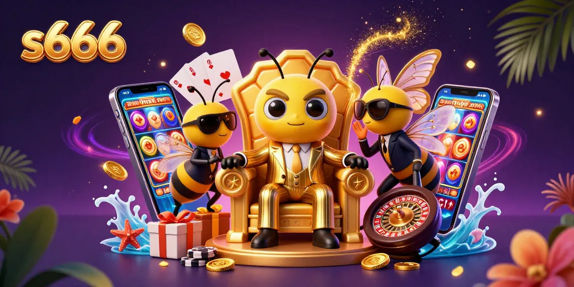S666 transforms into a vibrant gaming realm with bumblebee mob boss surrounded by slot game action and golden coins