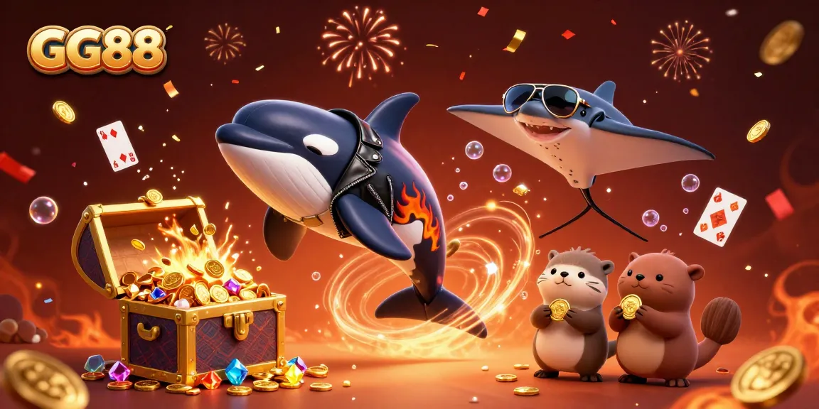Experience excitement with GG88 in a dynamic 3D casino illustration featuring charming sea creatures and vibrant treasures.