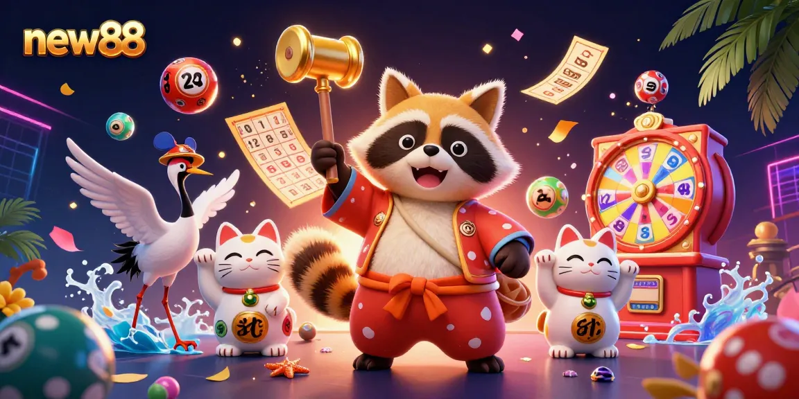 Experience thrilling luck at new88 with vibrant lottery elements and adorable fortune cats.