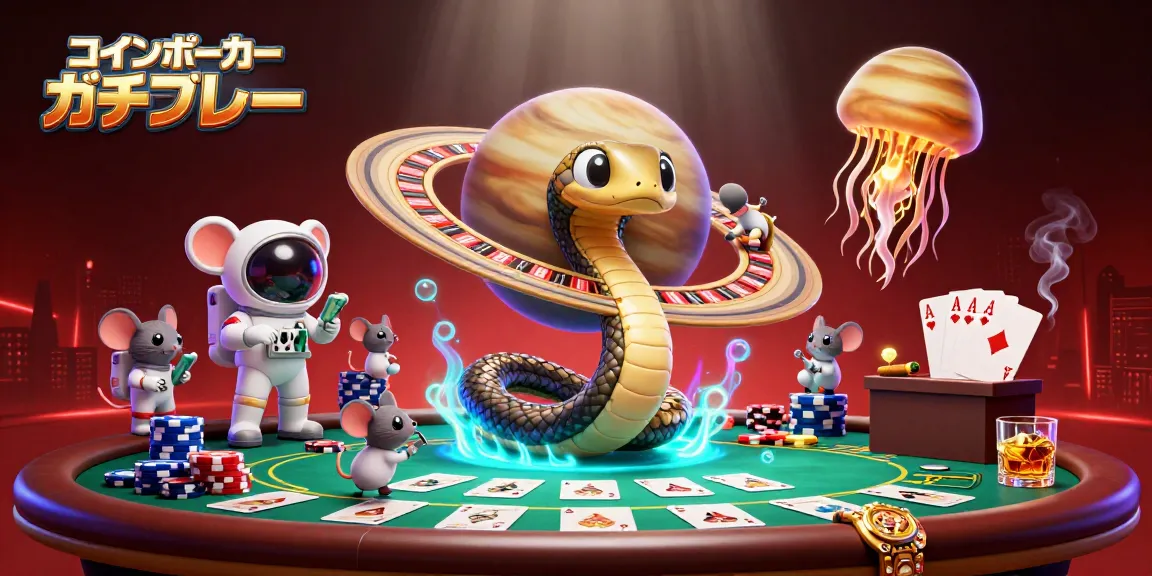 コインポーカー ガチレビューでポーカーを楽しむ宇宙のキャラクターたちのシーン。