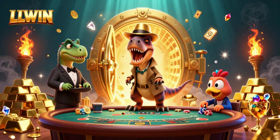 LLWIN velociraptor card counter sneaks chips at a dynamic blackjack table in a vibrant casino scene.