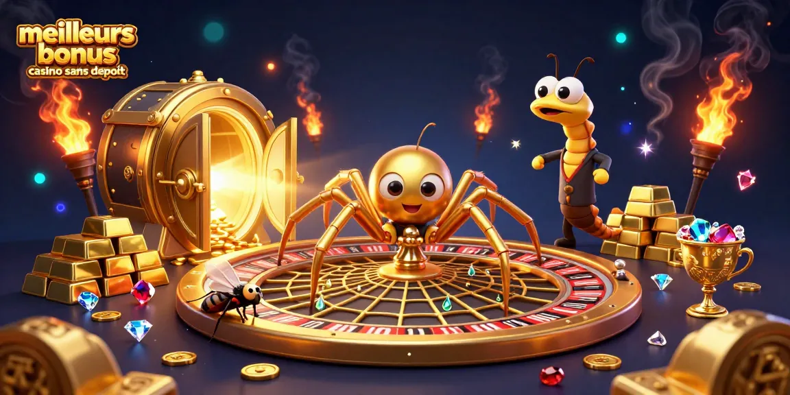 Misez avec les meilleurs bonus casino sans dépôt pour gagner en ligne, illustrés par une araignée dorée et un croupier centipède.