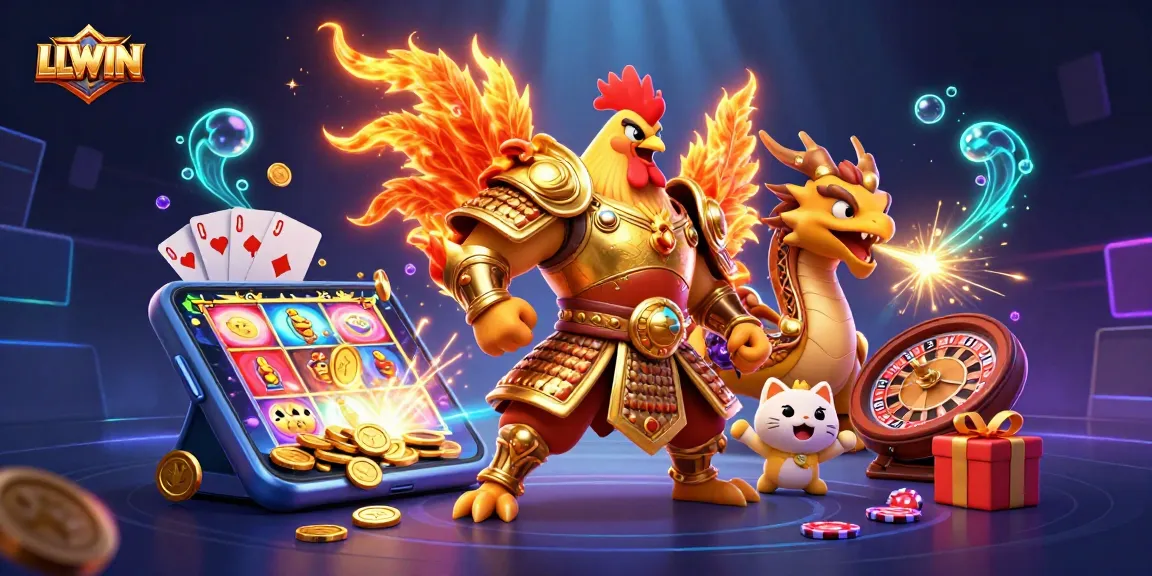 LLWIN features a dynamic illustration of a powerful rooster warrior and dragon hatchling amid vibrant casino elements.
