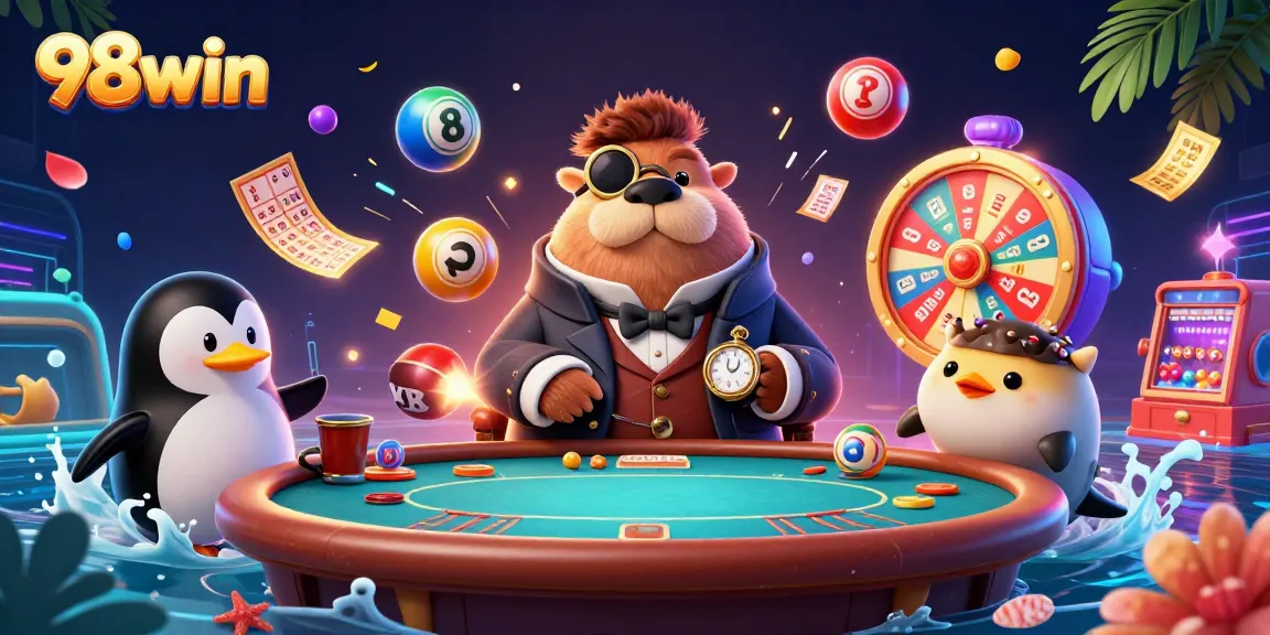 Engage in thrilling games at 98win with dynamic elements like bouncing lottery balls, vibrant prize wheels, and underwater casino action.
