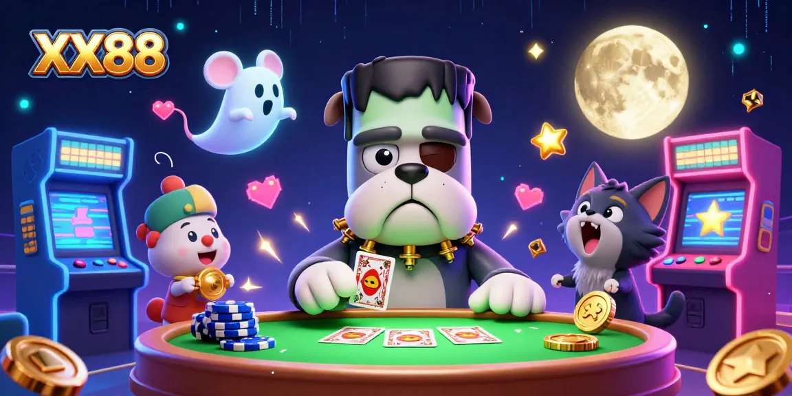Engage in thrilling gaming action at XX88 with a Frankenstein bulldog dealer and eerie atmosphere.