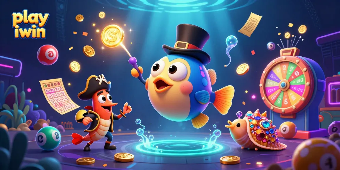 Play iwin at an exciting underwater casino with vibrant characters and dynamic lottery elements.