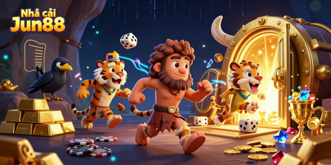 Win big with Nhà cái Jun88, showcasing a dynamic prehistoric casino scene filled with treasures.