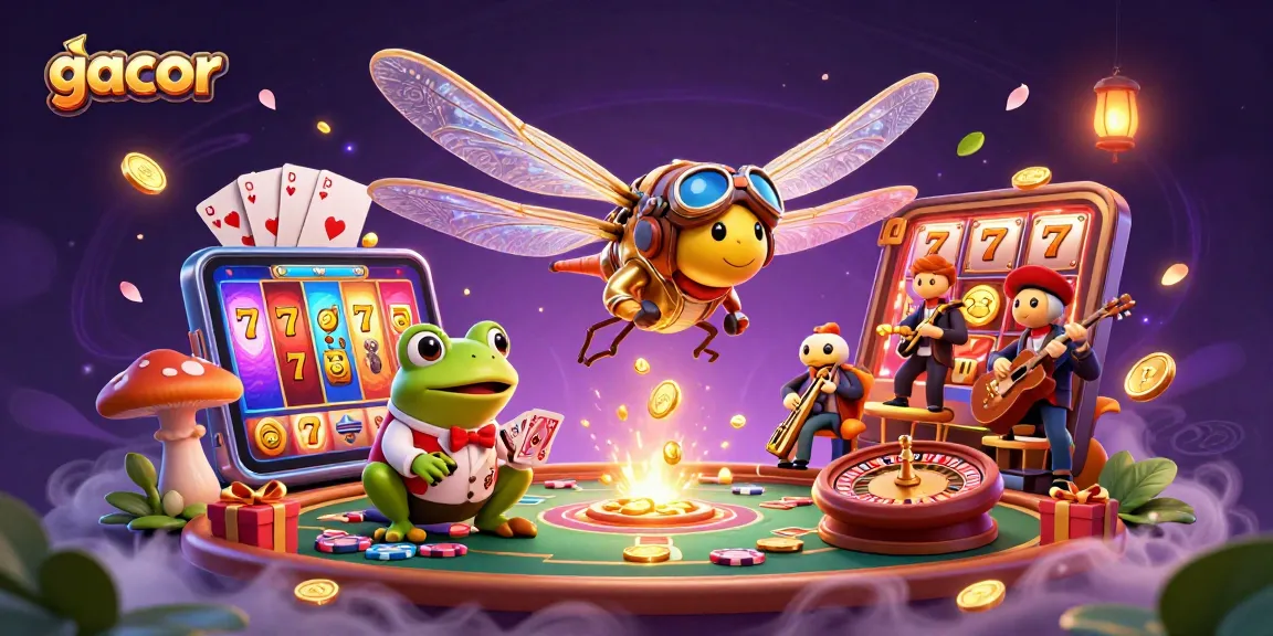 Engage with gacor slots as a dragonfly pilot oversees a lively casino scene filled with jackpots and fun.