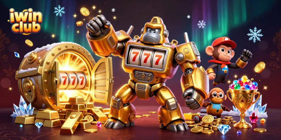 Experience the excitement of iwin club with a golden gorilla mech amidst treasures and slot elements.