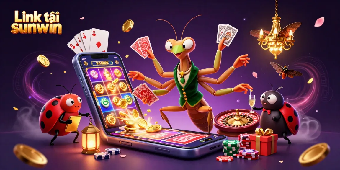 Play exciting games with Link tải sunwin, featuring a giant mantis dealer and festive casino elements.