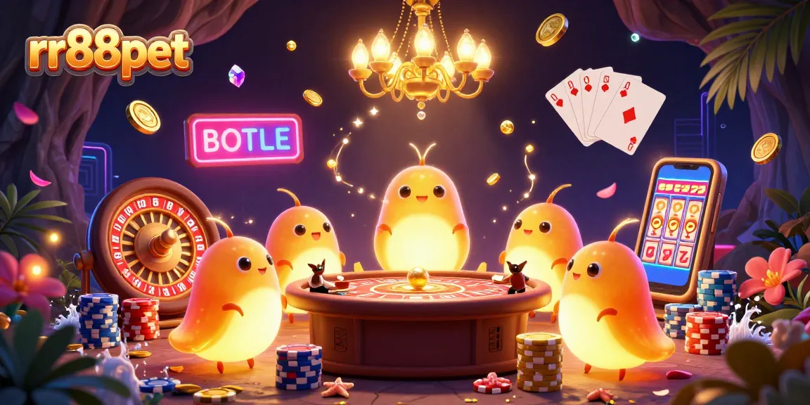 Experience the vibrant rr88pet casino scene with glowing glowworms, cascading coins, and a bat dealer for ultimate excitement.