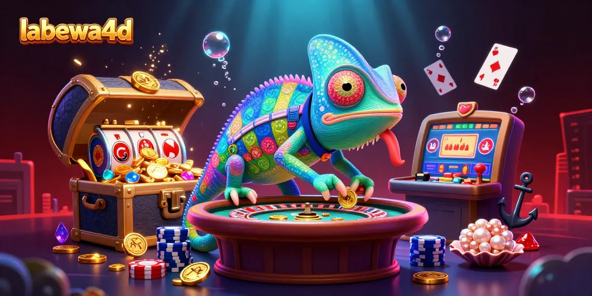 Melihat kasino online labewa4d dengan chameleon kasino yang menarik, slot, dan harta karun bawah laut.