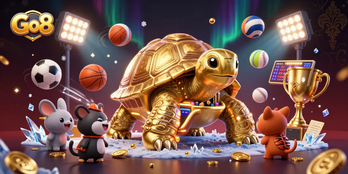 Experience the thrill of Go8 as small animals eagerly await their turn at the golden tortoise pinball machine amid dynamic sports elements.
