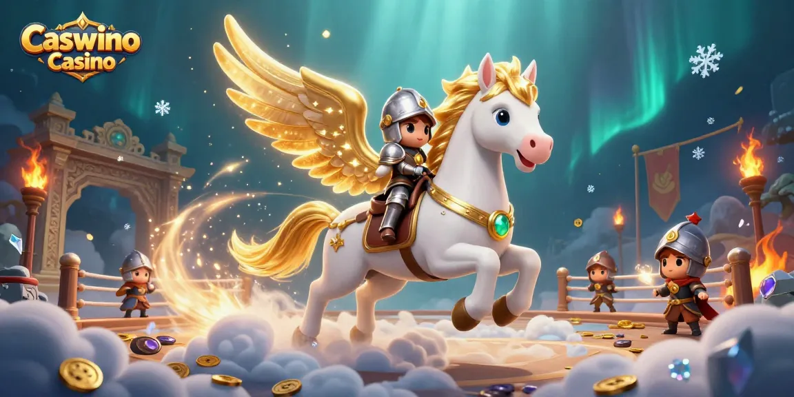 Experience the thrill of gameplay at Caswino Casino with a knight and celestial horse in a dynamic casino scene.
