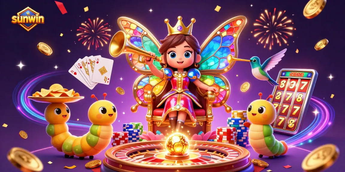 Experience sunwin's vibrant casino atmosphere with a dazzling butterfly queen and dynamic gaming elements.