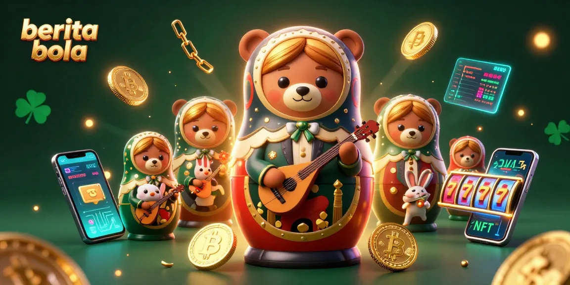 Playful illustration of a Matryoshka bear and crypto elements for berita bola enthusiasts.