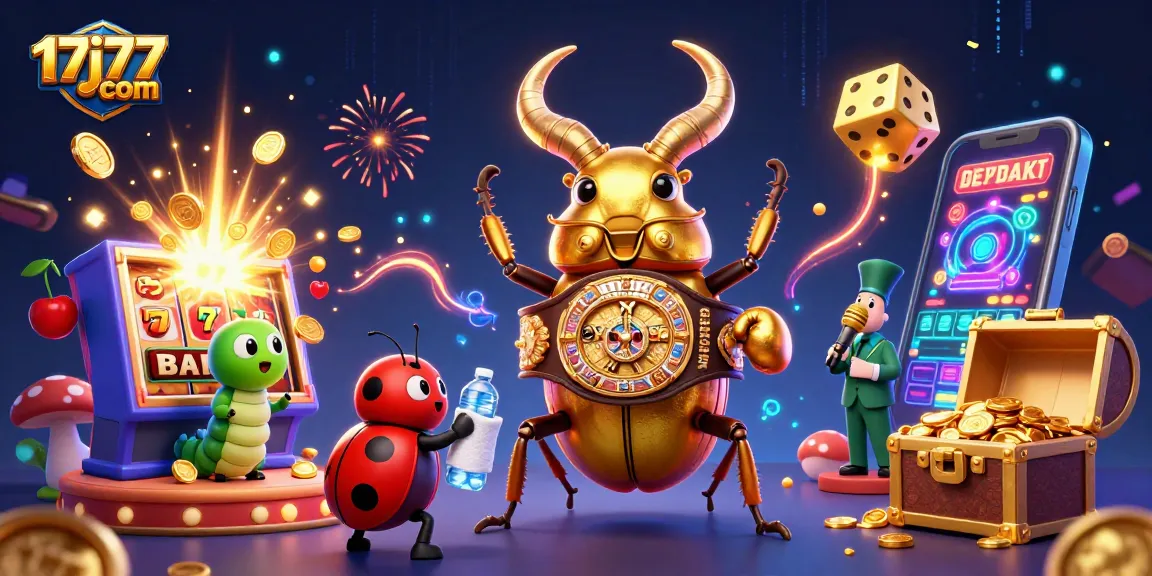 Engage with thrilling gameplay at 17j77 com featuring a vibrant casino scene with a golden stag beetle and lively game elements.
