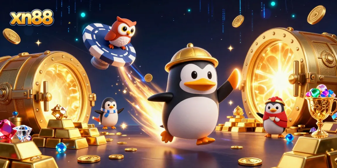 Experience the thrilling world of xn88 with a golden penguin and dazzling treasures in this vibrant casino illustration.