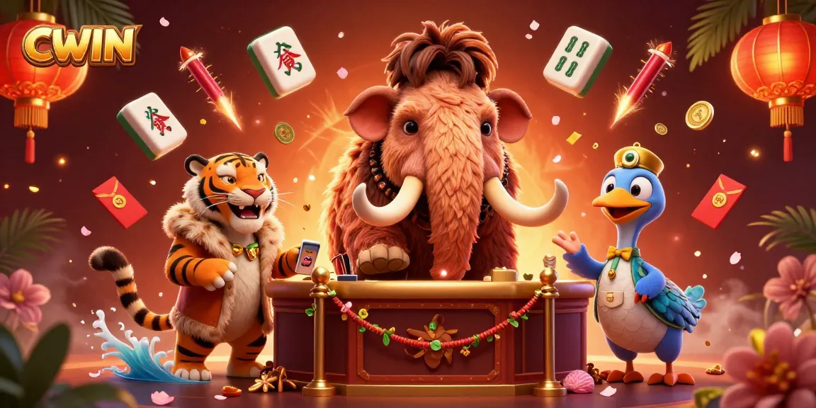CWIN logo displayed with a vibrant, animated scene featuring a woolly mammoth casino bouncer at a dynamic entrance.