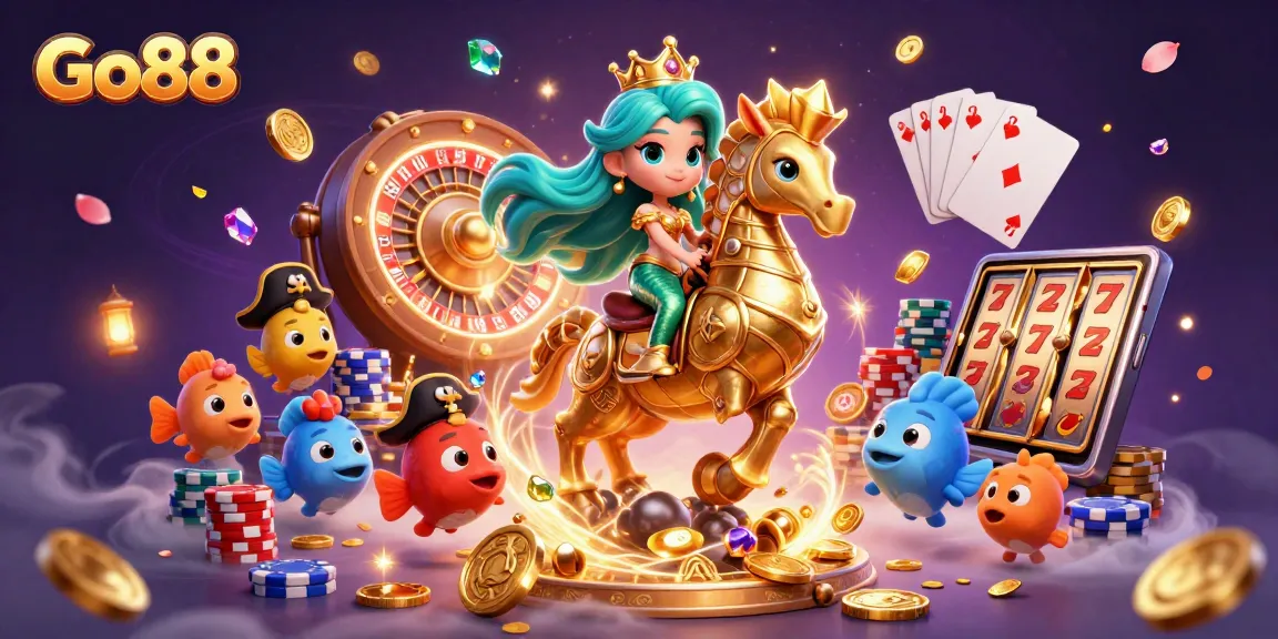 Engage with Go88's vibrant casino atmosphere featuring a regal mermaid princess and dynamic gaming elements.