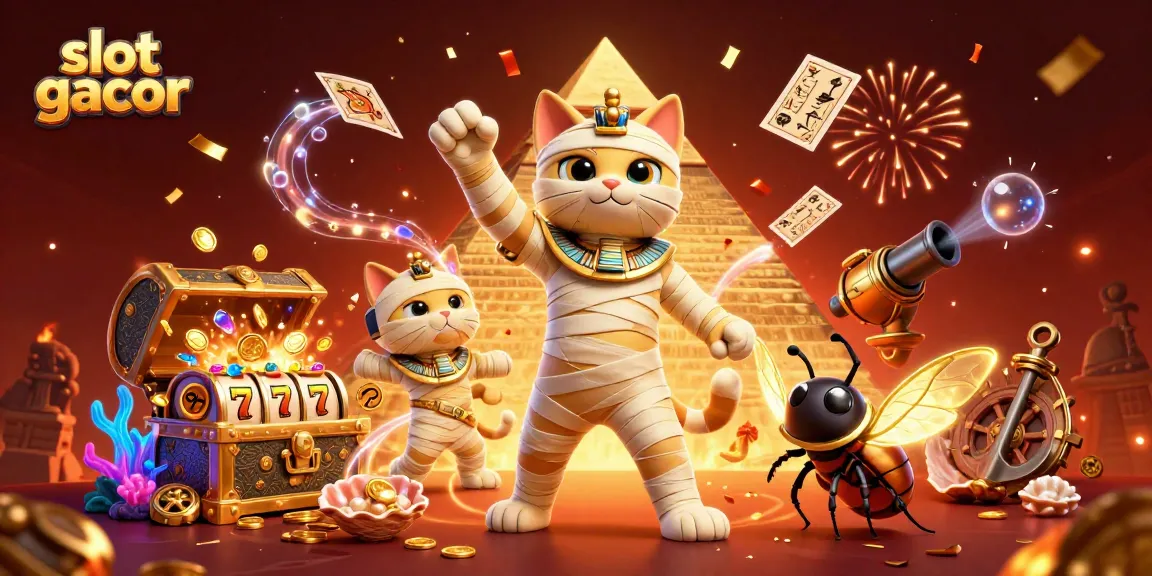 Engage in slot gacor excitement with 3D mummy cat and golden treasures in a vibrant casino scene.