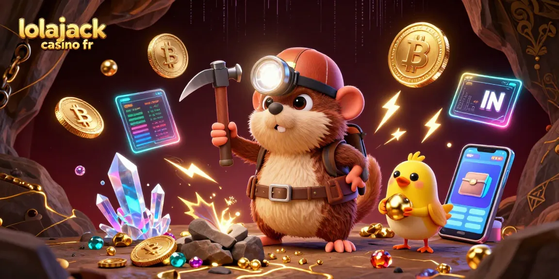 Découvrez lolajack casino fr avec cette illustration dynamique de pièces de crypto-monnaie et un personnage mignon.