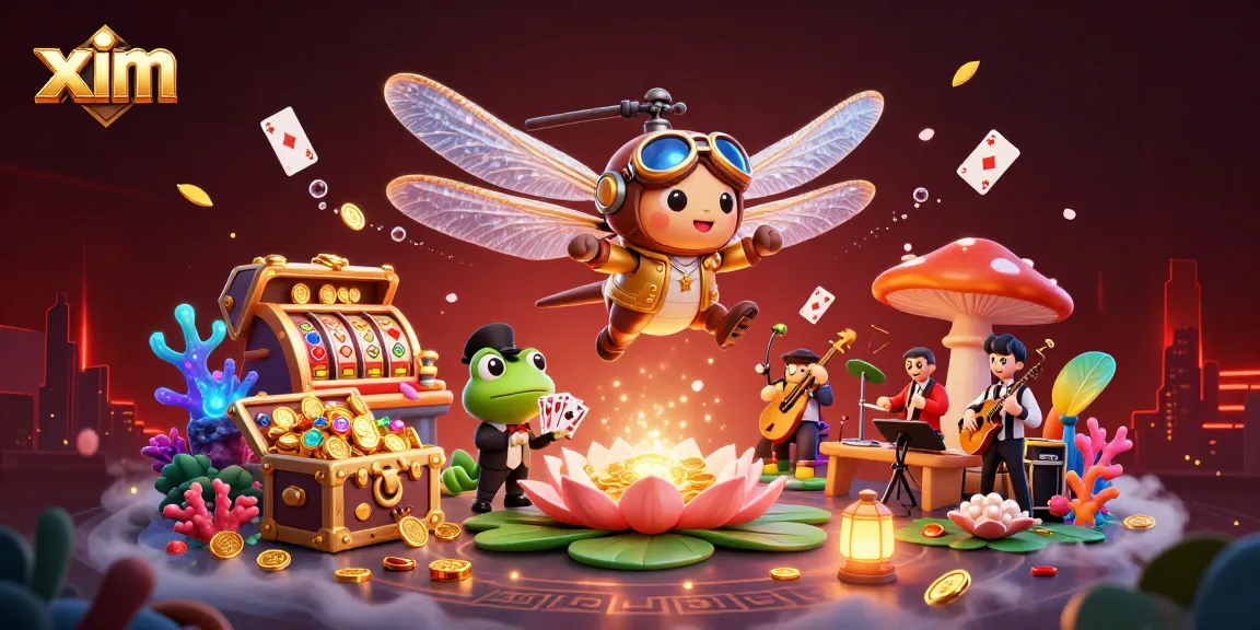Xim gaming illustration captures a dragonfly pilot at a lily pad casino, engaging players with vibrant slot elements.