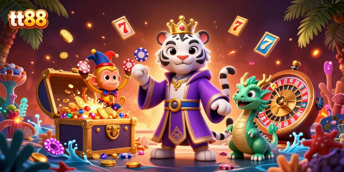 Experience thrilling wins at tt88 with an elegant royal tiger, playful monkey, and jade dragon amidst a vibrant casino scene.