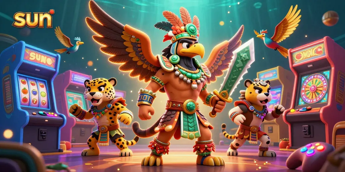Engage with sun-themed slots and casino action featuring vibrant Aztec warriors and lively gaming elements.