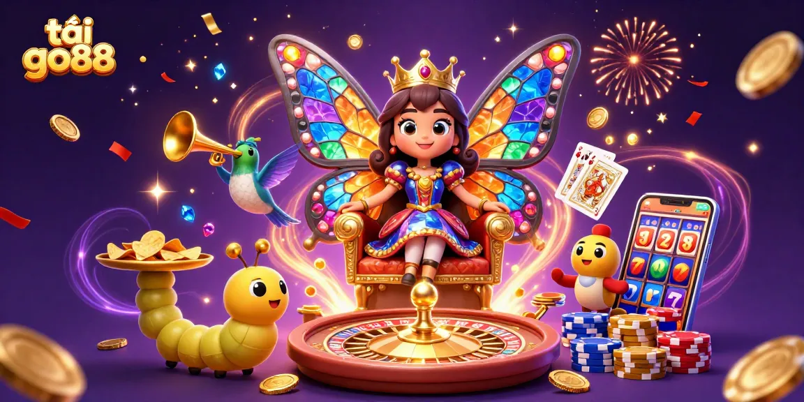 Tải go88, engage with a vibrant casino world featuring a butterfly queen and dynamic game elements.