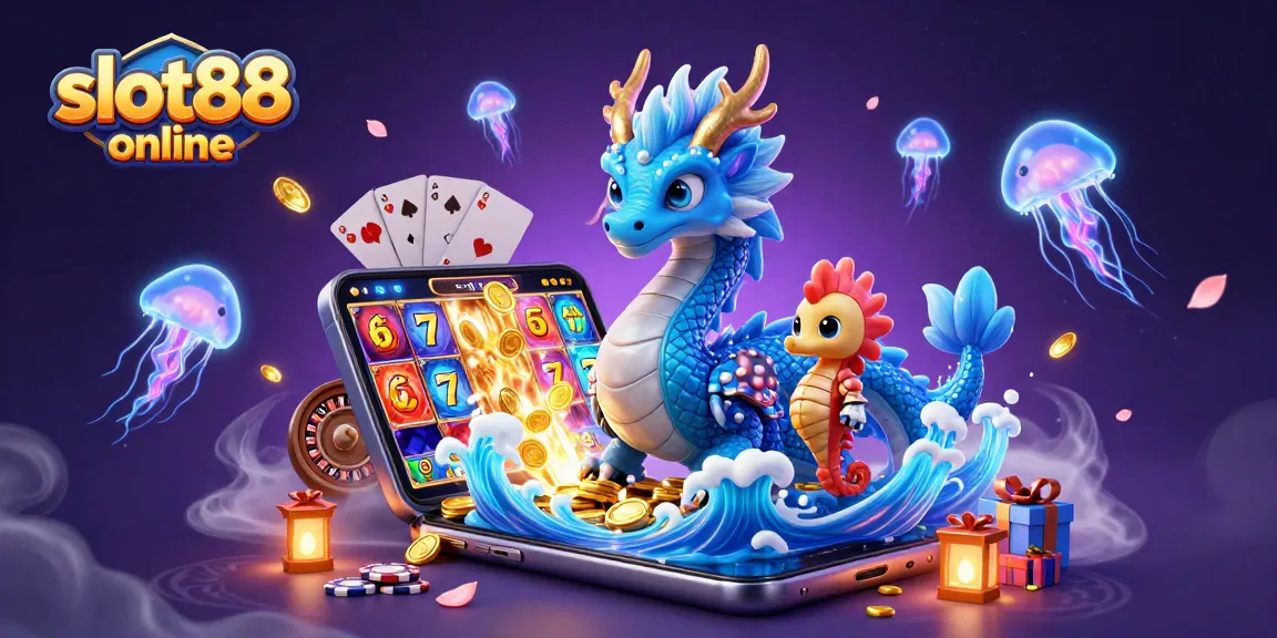 Menghadirkan pengalaman bermain slot88 online dengan naga air biru dan kuda laut berani di antaranya, penuh elemen kasino yang dinamis.
