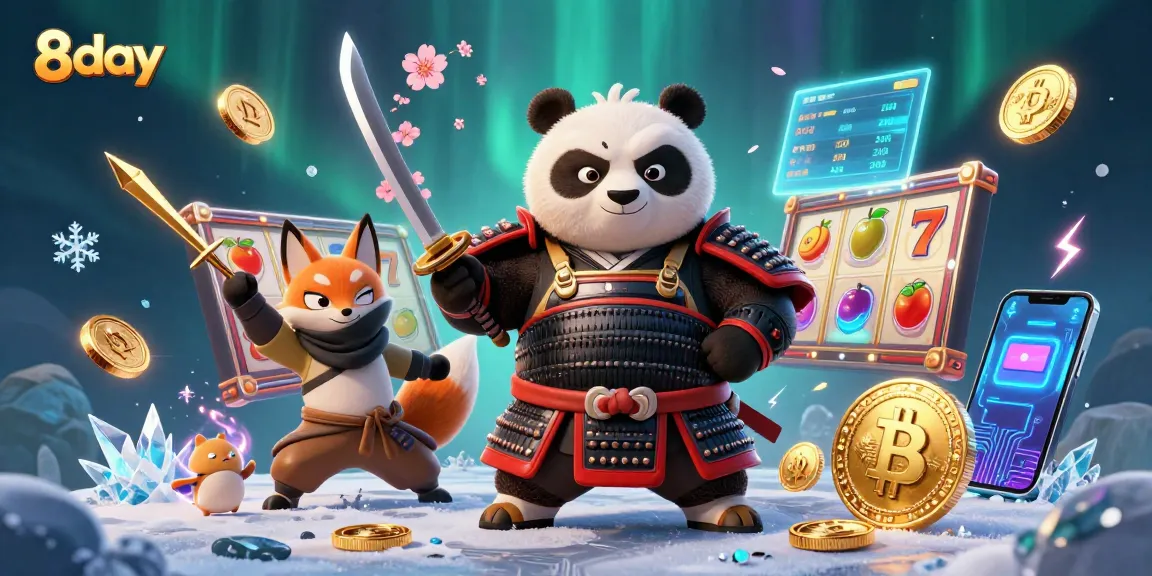 Win big with 8day's slot games featuring animated samurai panda and magical energy.