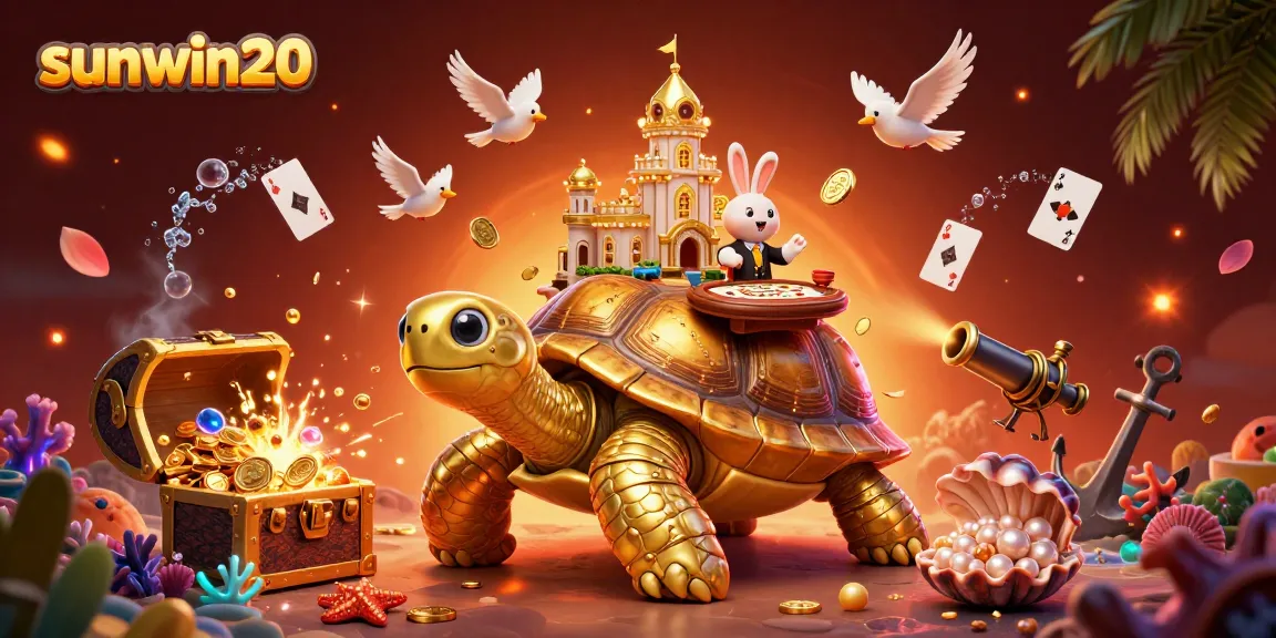 Play exciting games with sunwin20 at a vibrant casino scene featuring a golden tortoise and a rabbit dealer.