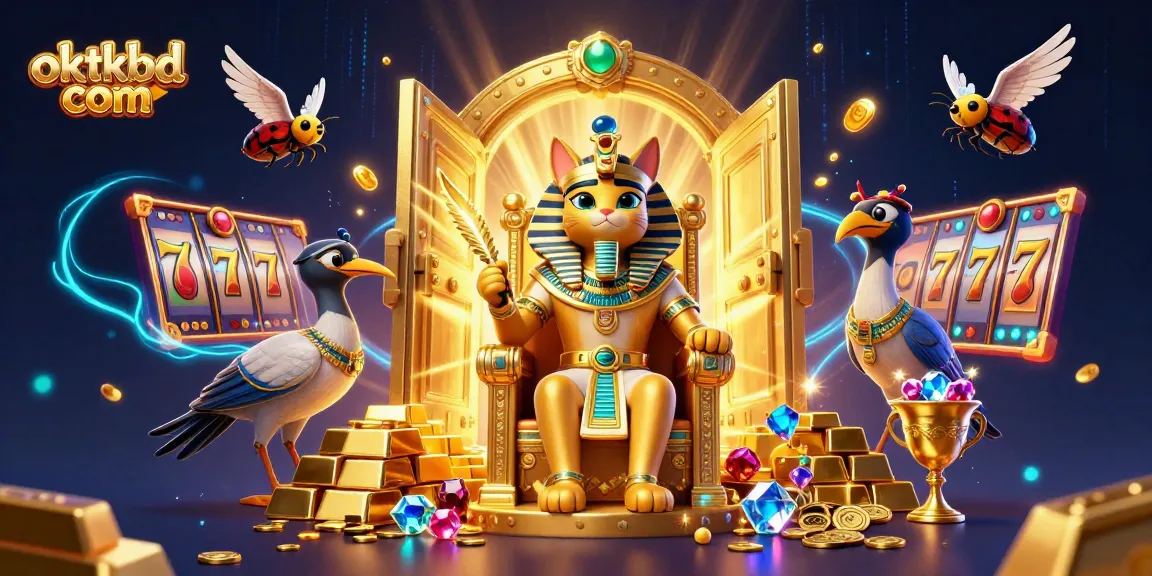 Engage with the colorful world of oktkbd com featuring vibrant slots and treasures in a casino scene.
