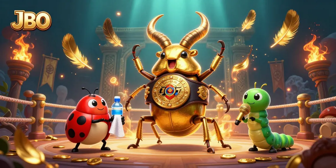 Experience exciting JBO gaming with a golden stag beetle champion surrounded by dynamic casino elements.