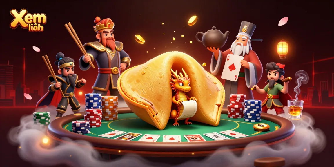 Xem thêm a vibrant 3D casino scene featuring a golden fortune cookie and poker elements.