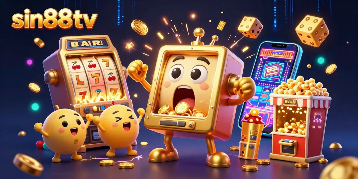 Experience the excitement of sin88tv as the jackpot bursts with gold coins and cheers from cartoon slot machines.
